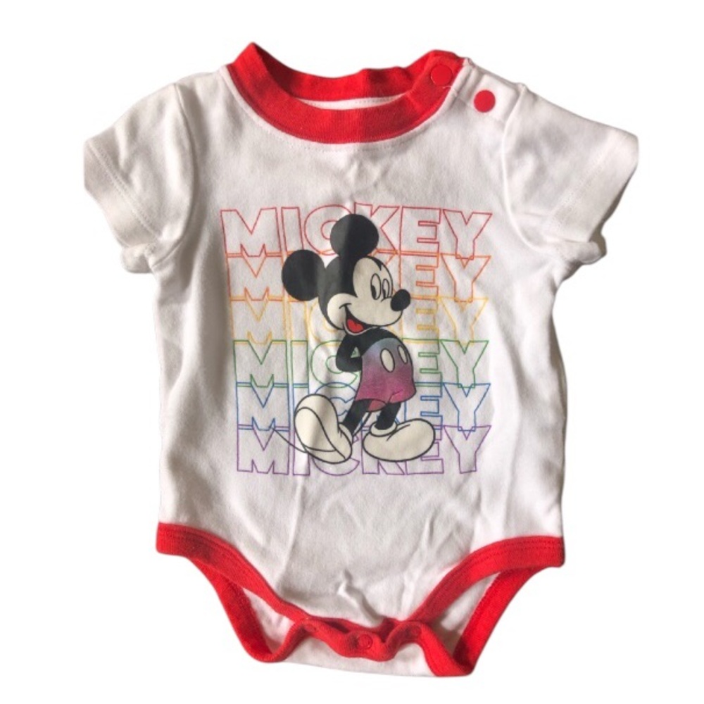 4/$20 Disney Mickey Mouse Short Sleeve White & Red Rainbow Onesie Sz 3 - 6 mo